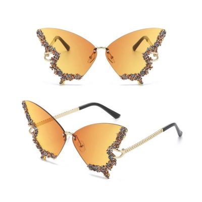 Ochelari Glamour Fluture, Cristale Multicolore, Festival Fashion, Protectie UV400, Galben