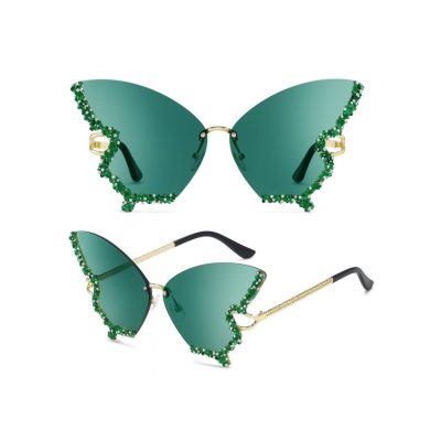 Ochelari Glamour Fluture, Cristale Multicolore, Festival Fashion, Protectie UV400, Verde
